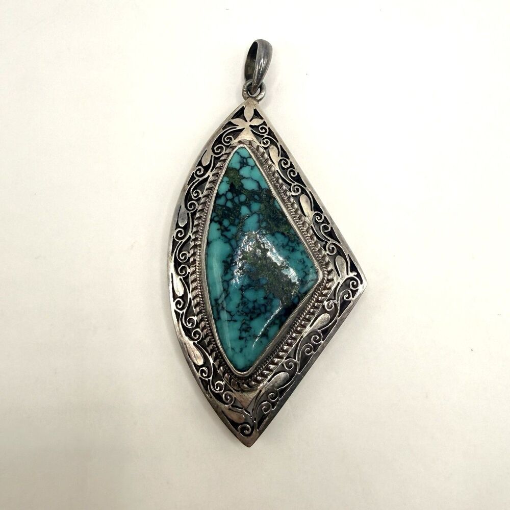 Vintage Tibetan Style Sterling Silver Turquoise Pendant Ornate Filigree 2.25"